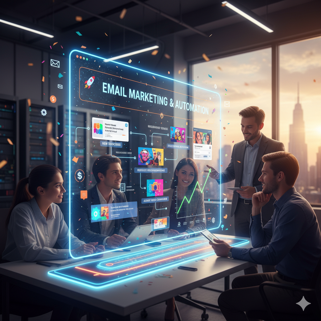 Maximize Revenue Using Email Marketing and Automation with a dashboard showing automated email sequences, segmentation, and performance analytics.